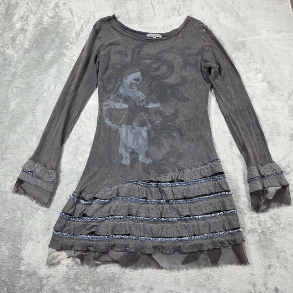 Coco Mezon Top Womens Medium Gray Tiered Ruffle Tunic Fairy Grunge Whimsigoth - Picture 1 of 10